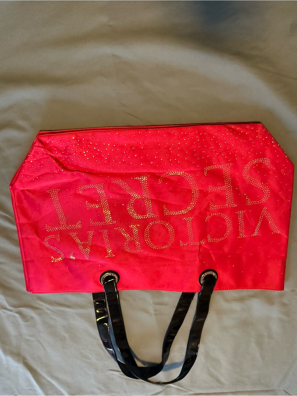 Victoria's Secret Hot Pink Crystal Logo Tote with Black Patent Handles